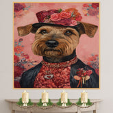 Rosy Elegance: Airedale Dog in a Flowery Red Top and Hat Amid Blooming Roses - Charming Floral Painting on Ready to Hang 1.5" Thick Canvas Wrap, Floating Framed Canvas, Flat Rolled Canvas